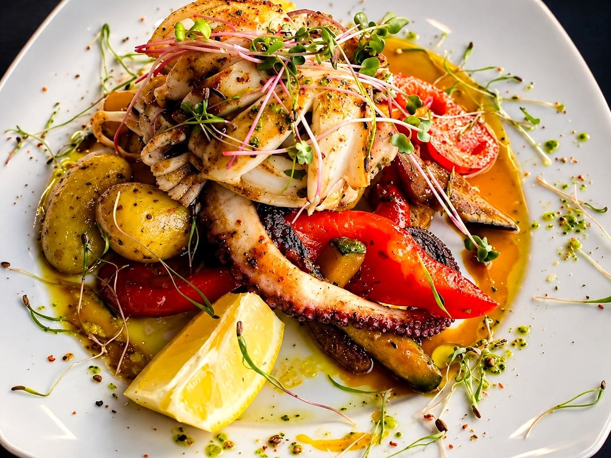Gegrillter Oktopus auf Auberginen-Beet, angerichtet auf weißem Teller