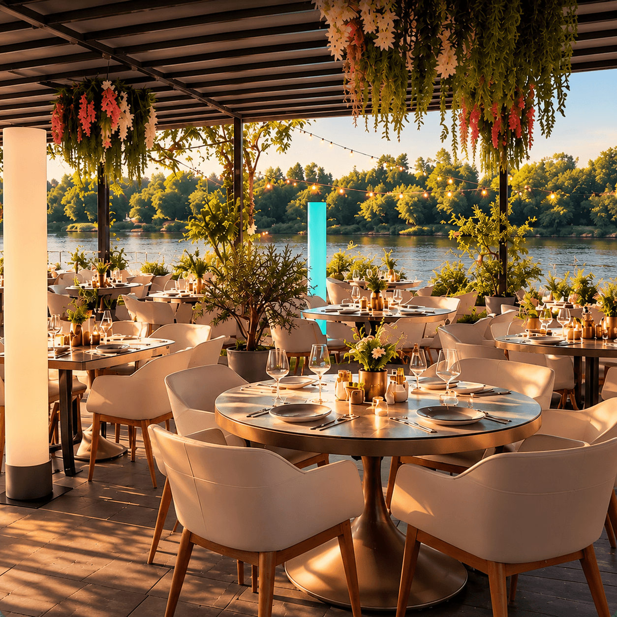 Gedeckte Tische auf der Terrasse des Âu Lac im Nachmittagslicht am Flussufer