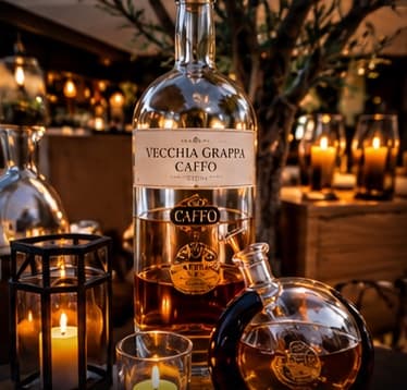 Flasche Vecchia Grappa Caffo mit Karaffe zwischen Windlichtern in der Bar