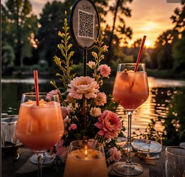 Zwei Aperitifs mit Blumenschmuck und Kerze am Ufer, dahinter der Fluss im Abendlicht