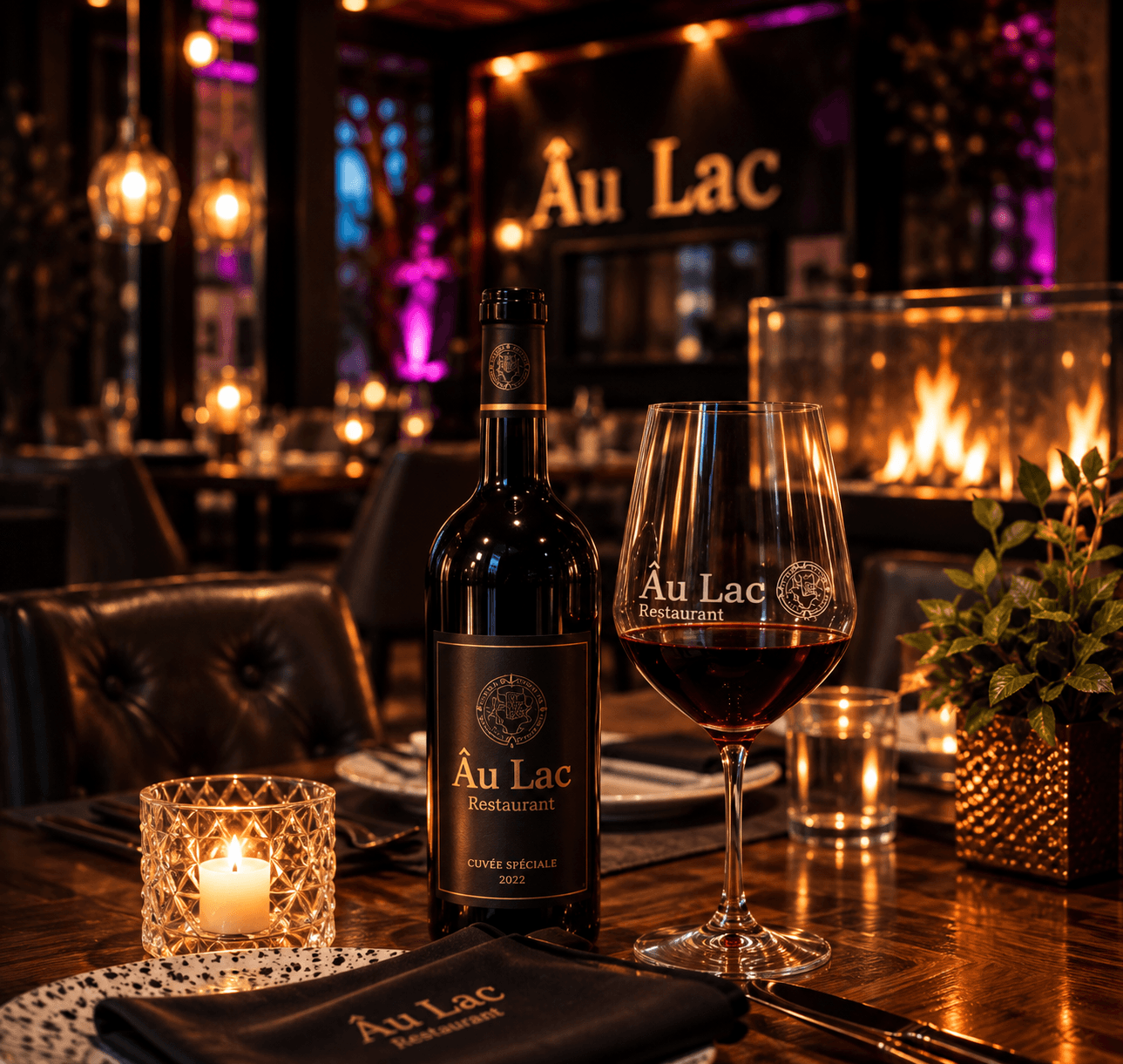 Gedeckter Tisch im Âu Lac am Abend: Âu-Lac-Weinflasche und Rotwein im Glas mit dem Hauslogo, Kerze und Kaminfeuer im Hintergrund