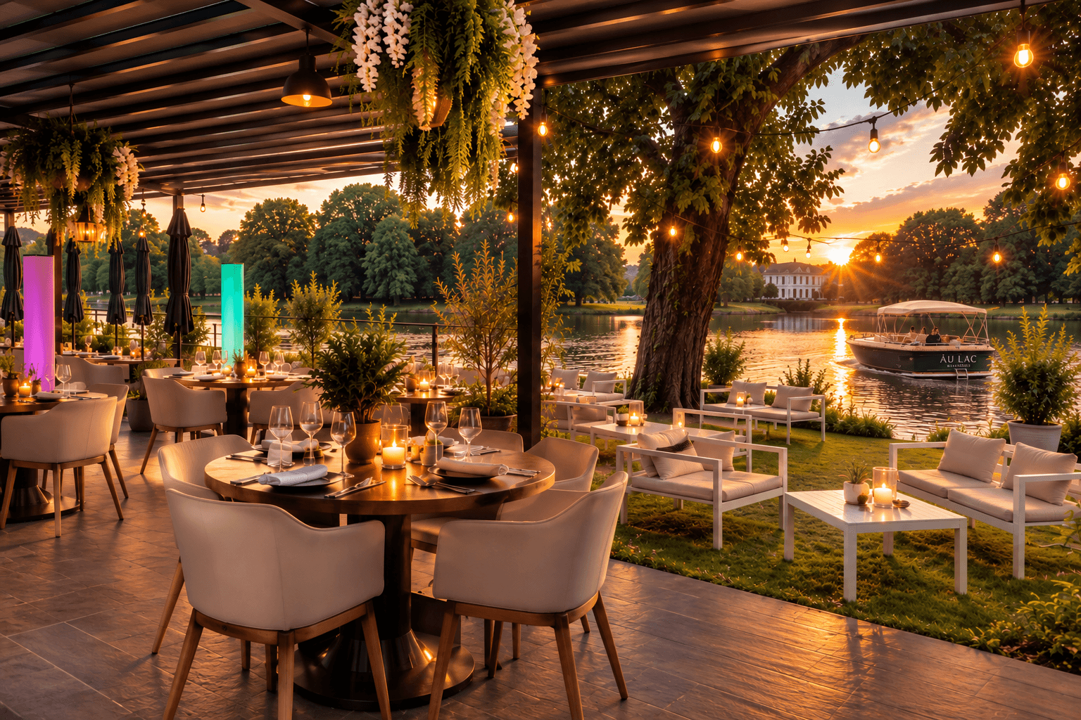Terrasse des Âu Lac bei Sonnenuntergang: gedeckte Tische unter der begrünten Pergola, dahinter die Lounge auf der Wiese am Fluss und das Boot Âu Lac Riverside im Gegenlicht