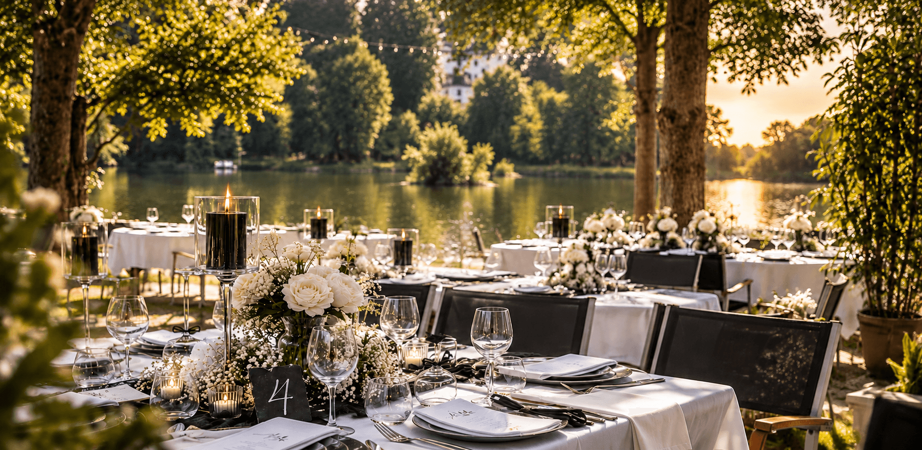 Festlich gedeckte Tafeln mit weißen Rosen, schwarzen Kerzen und Tischnummer 4 unter Bäumen am Fluss im Abendlicht