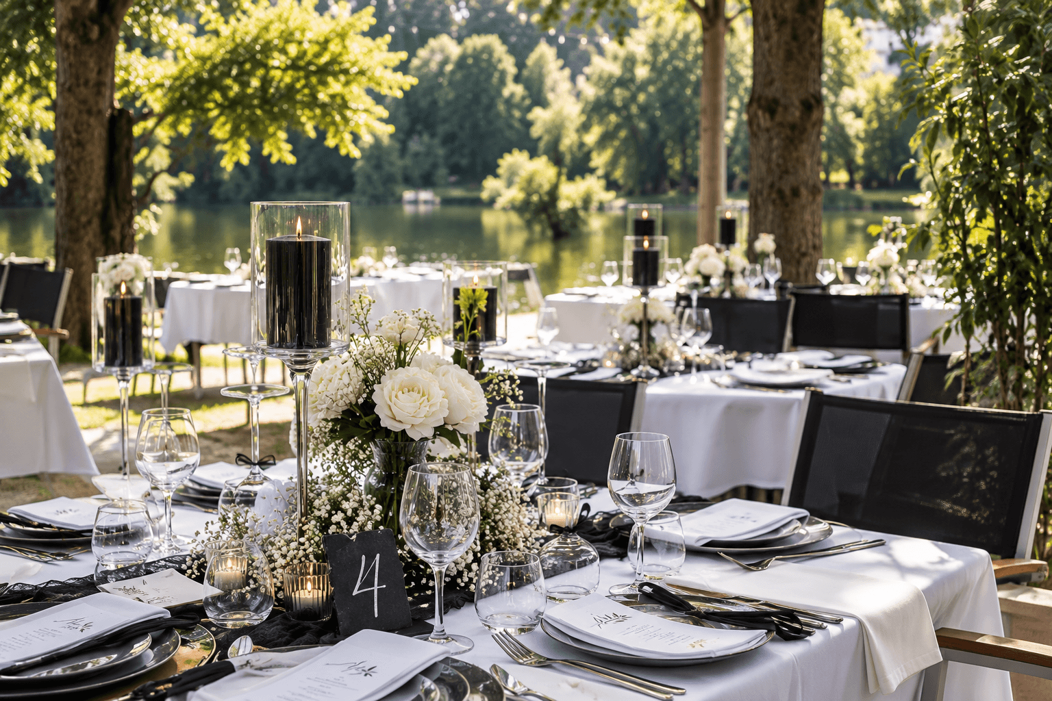 Festlich gedeckte Tafeln mit schwarzen Kerzen und weißen Blumen am Fluss