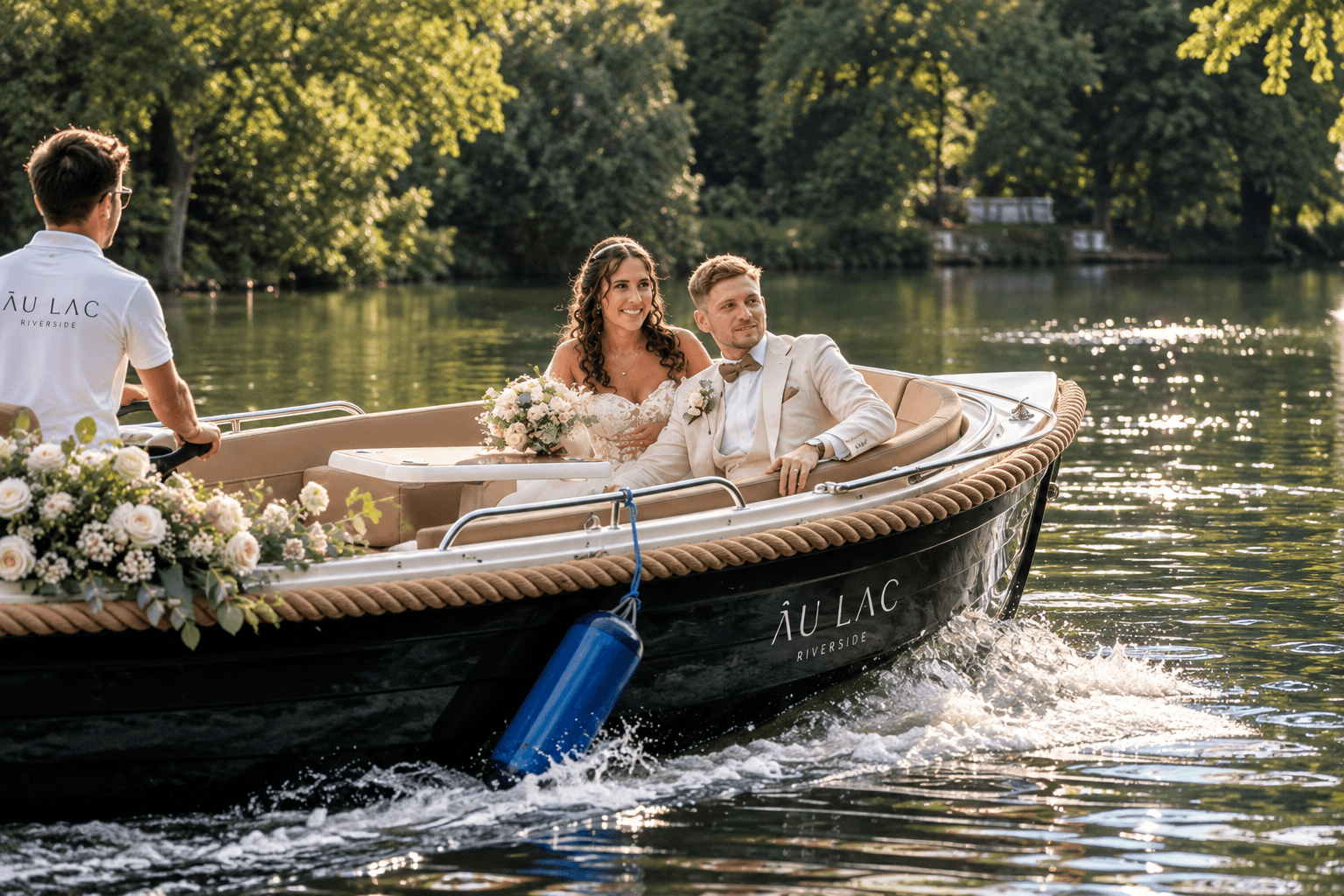 Brautpaar im Boot des Âu Lac Riverside auf dem Fluss