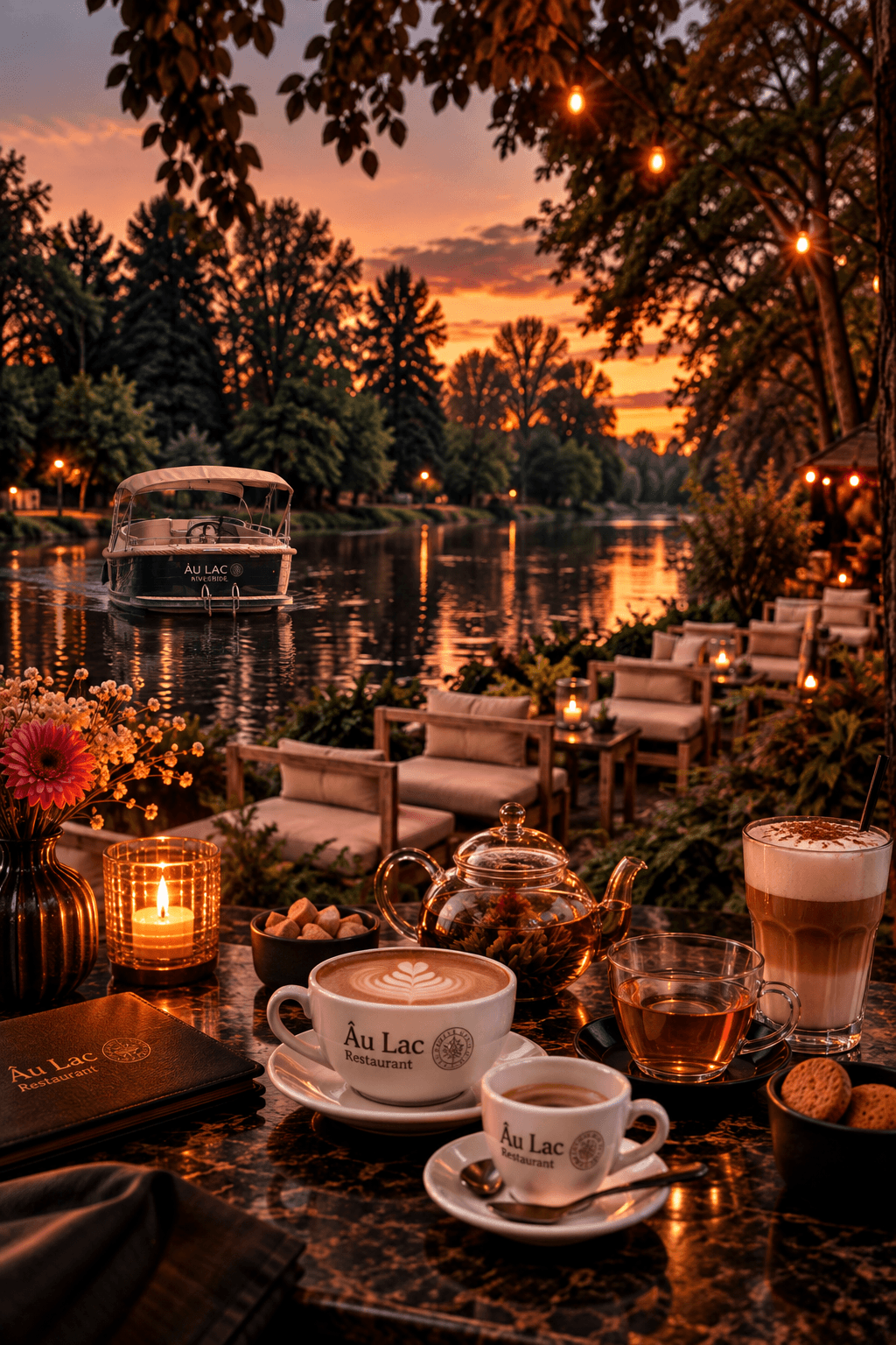 Cappuccino und Espresso in Âu Lac Tassen, eine gläserne Teekanne mit Tee und ein Latte macchiato auf einem Tisch am Fluss bei Sonnenuntergang, dahinter das Boot Âu Lac Riverside auf dem Wasser