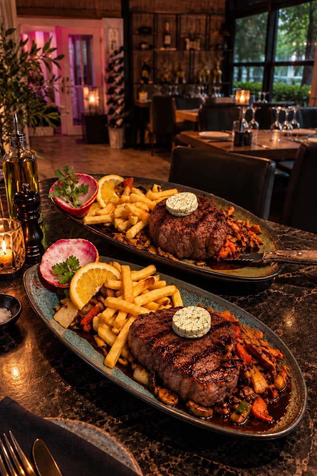 Zwei Steakplatten mit Kräuterbutter, Pommes frites und Pilzgemüse auf einem Marmortisch im abendlichen Gastraum des Âu Lac