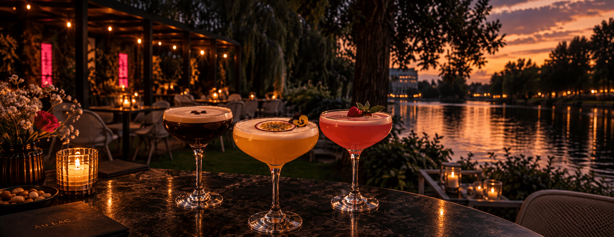 Espresso Martini, Pornstar Martini und Pink Rush auf einem Tisch der Âu Lac Terrasse am Fluss bei Sonnenuntergang