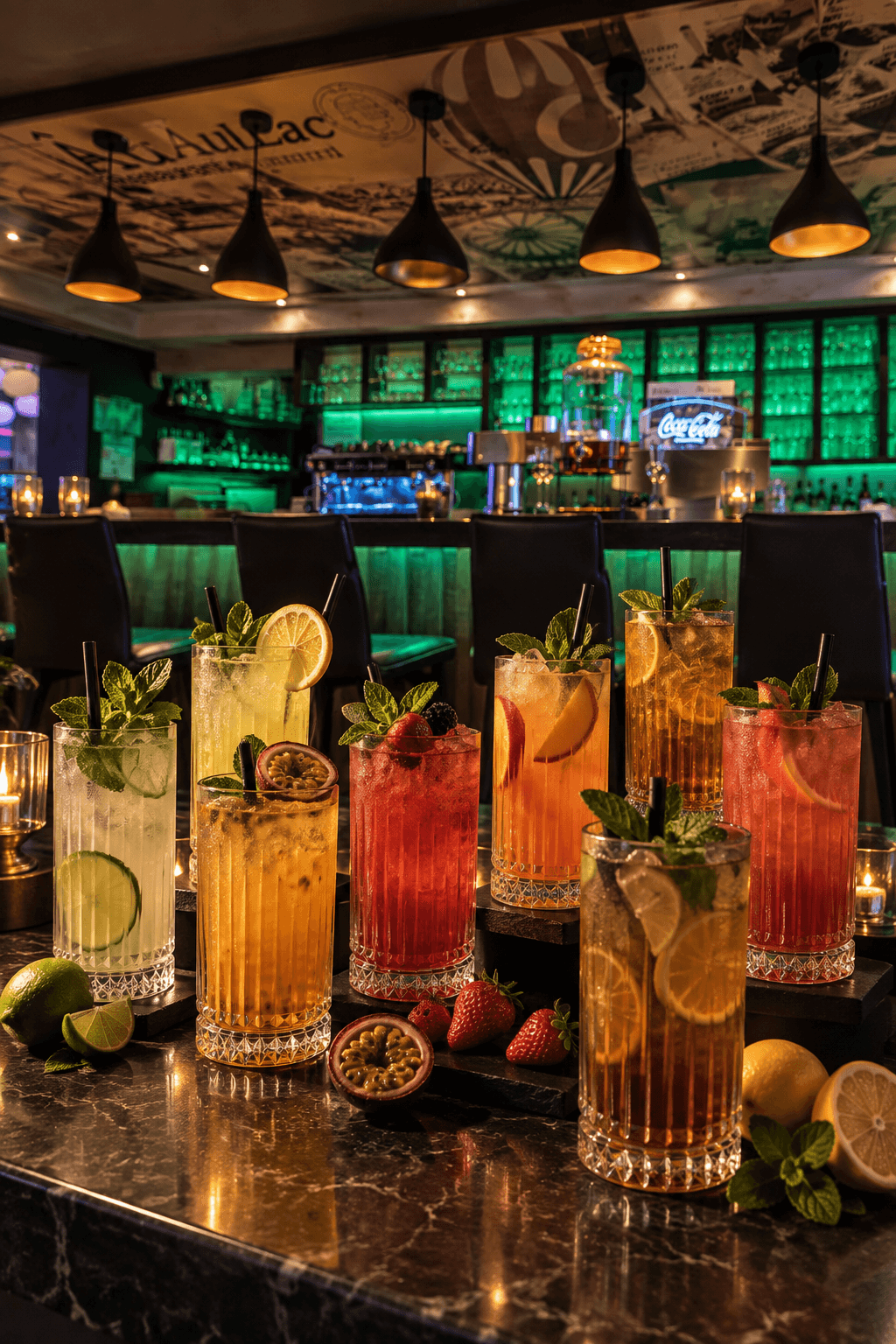Hausgemachte Limonaden und Eistees in hohen Gläsern auf der Bar des Âu Lac: Minze, Limette, Erdbeere und Maracuja vor der grün beleuchteten Flaschenwand