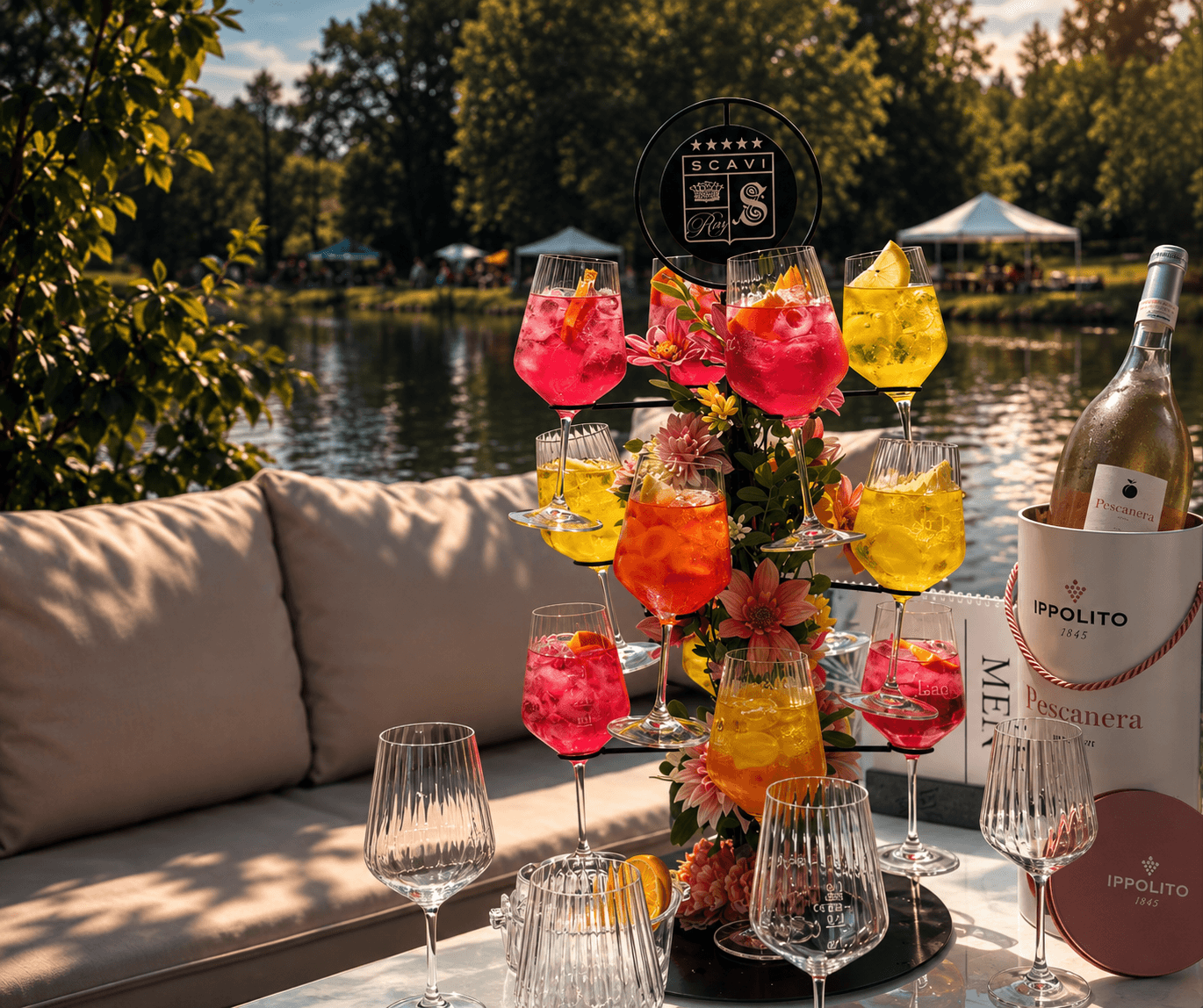 Cocktailbaum am Ufer: Aperitifs in Pink, Orange und Gelb zwischen frischen Blüten, dahinter der Fluss