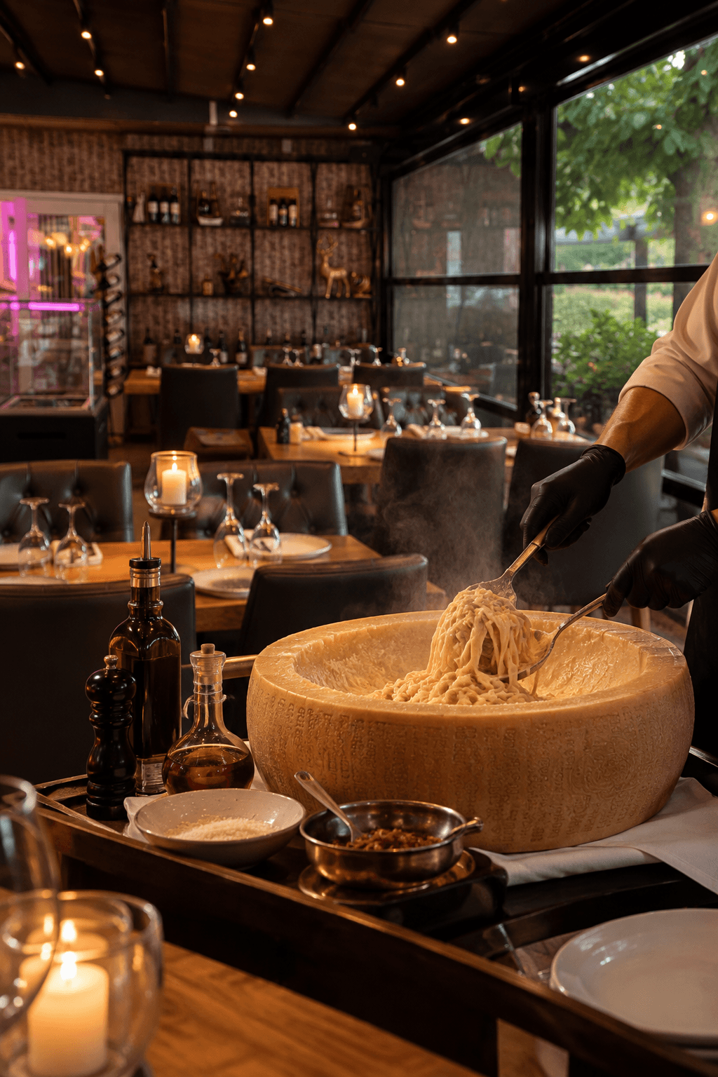 Pasta wird am Tisch in einem Parmesanlaib geschwenkt, dahinter der Gastraum des Âu Lac mit Kerzen, Weinregal und Fensterfront