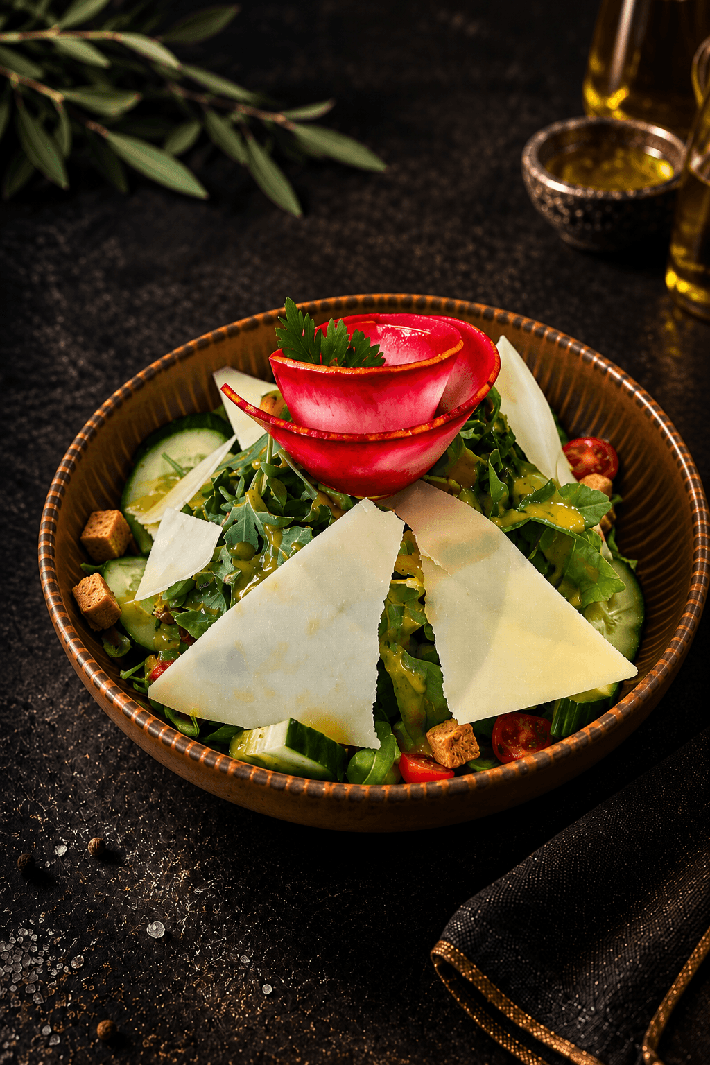 Rucolasalat in einer Holzschale mit Parmesanspänen, Gurken, Kirschtomaten, Croûtons und einer Radieschenrose, daneben Olivenzweig und Olivenöl