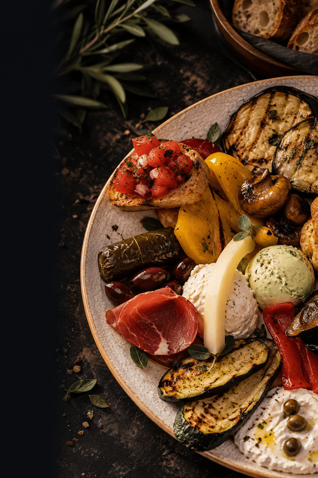 Antipasti-Teller mit Bruschetta, gegrilltem Gemüse, Oliven, Rohschinken, Käse und Dips auf dunklem Grund